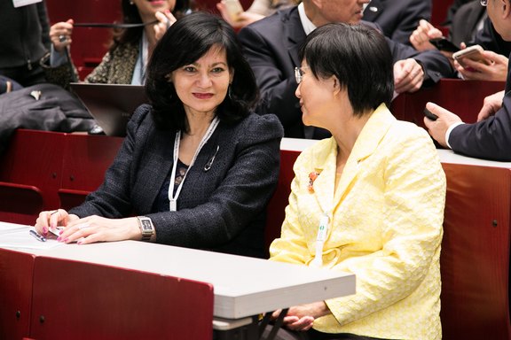 Altyn Aringazina and Shu-Ti Chiou are discussing the topics of the first plenary. 